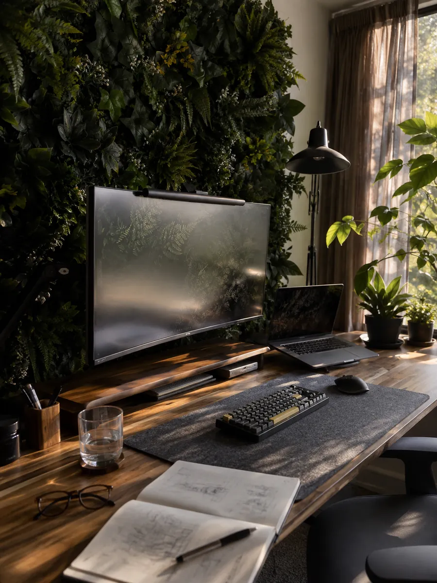 AI-generated room concept: a warm timber desk with a sketchbook, laptop and leafy wall beside a sunlit window