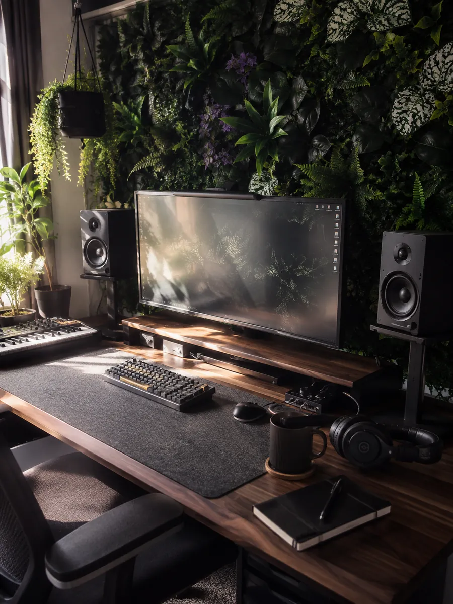 AI-generated room concept: a walnut music desk with studio speakers and a dense green foliage backdrop